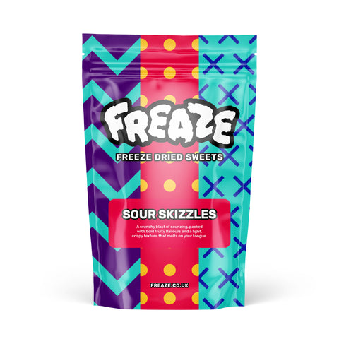 Colorful packaging of FREAZE Freeze Dried Sweets with geometric patterns on a white background